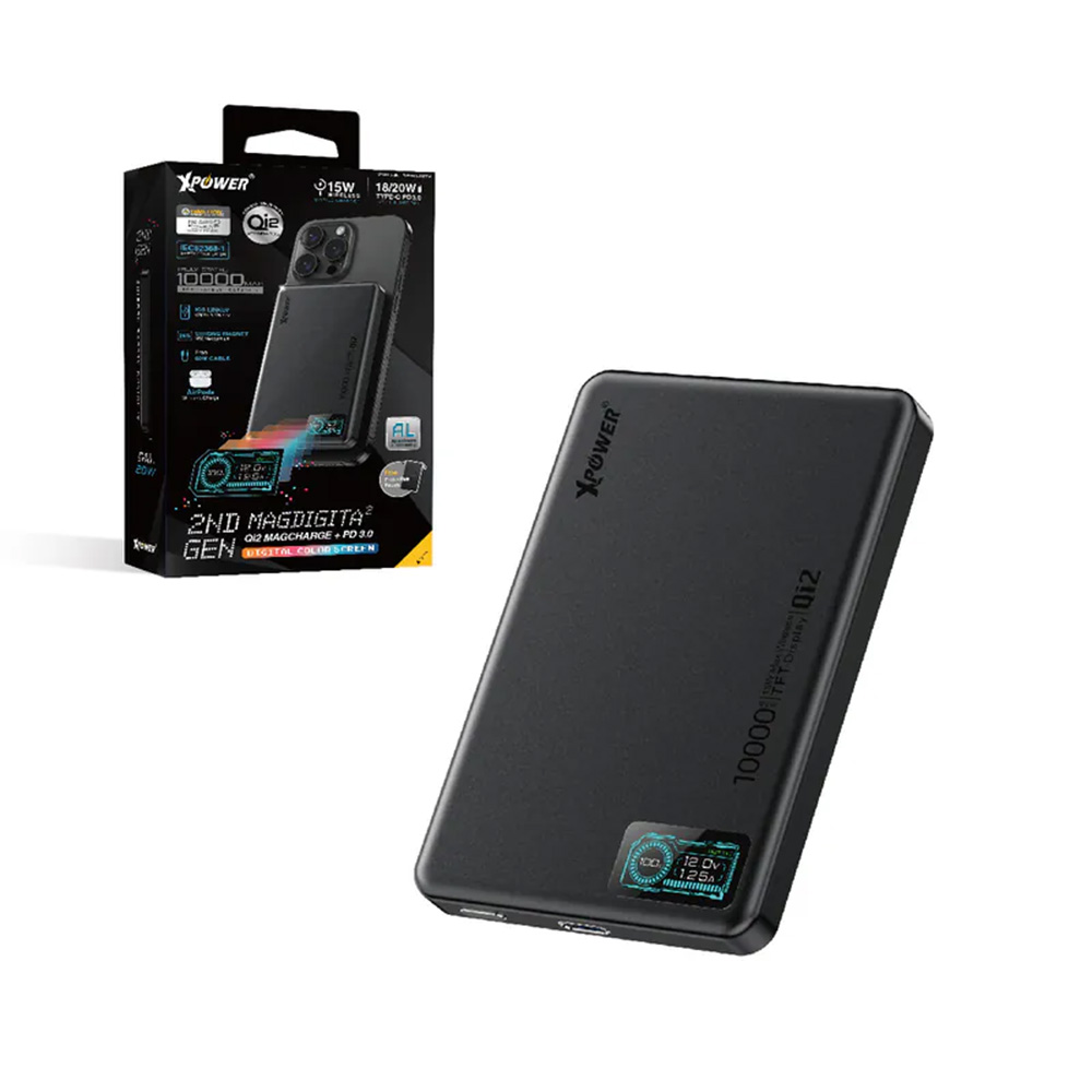 XPower MagDigita² 第2代 彩屏顯示 鋁合金外殼10000mAh PD3.0+ QI2磁吸移動電源(Black)