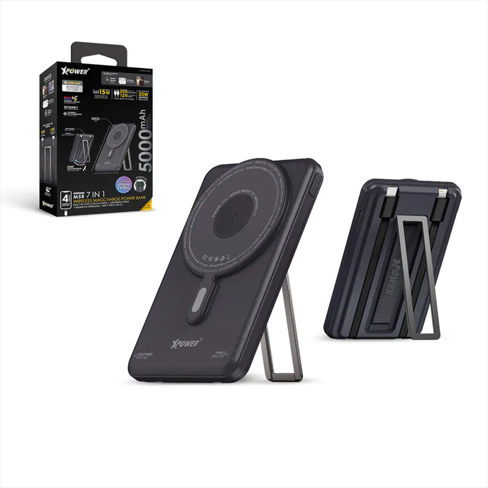XPower M5R 7合1 5000mAh PD3.0雙內置線+磁吸無線移動電源連支架(Black)