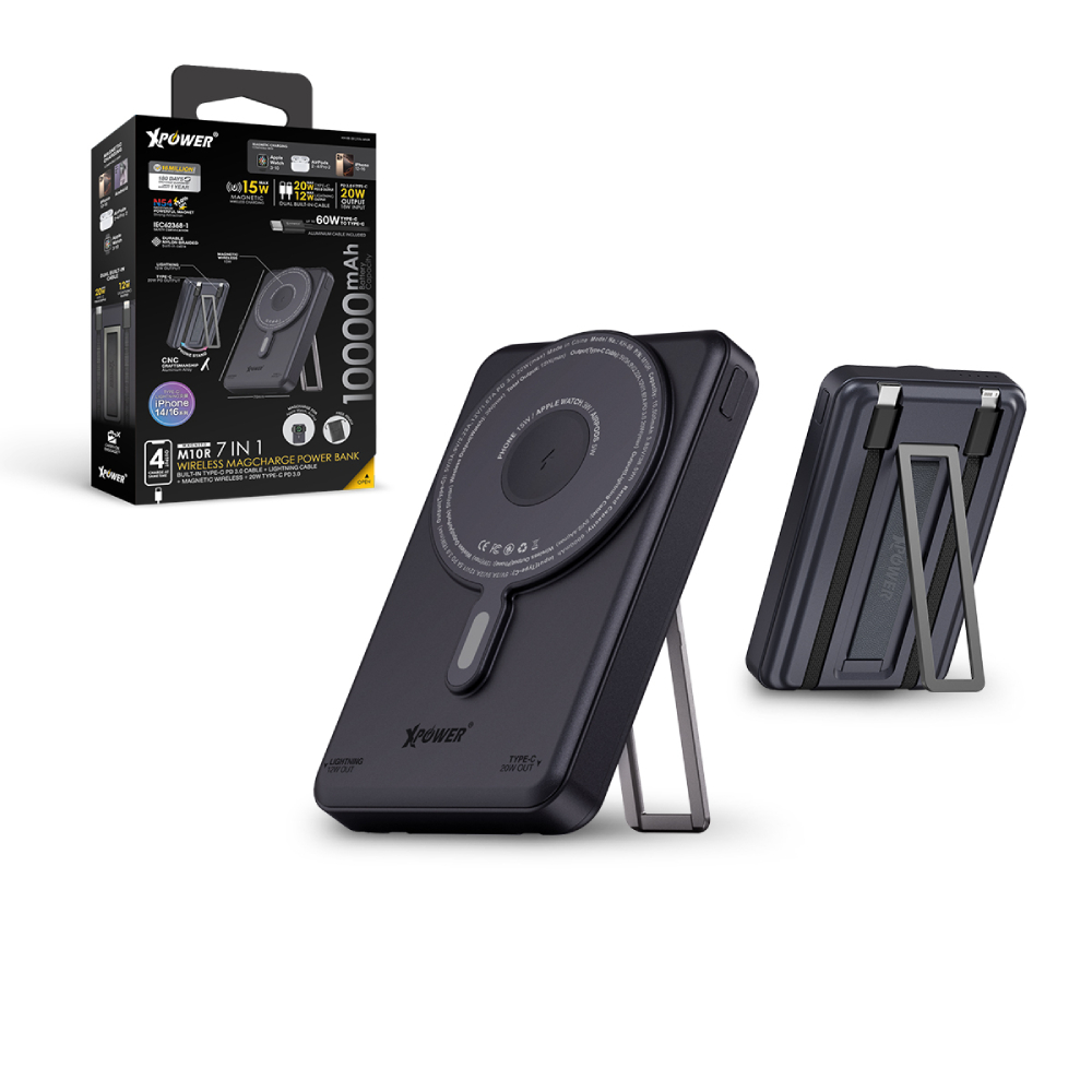 XPower M10R 7合1 10000mAh PD 3.0雙內置線+磁吸無線移動電源連支架(Black)
