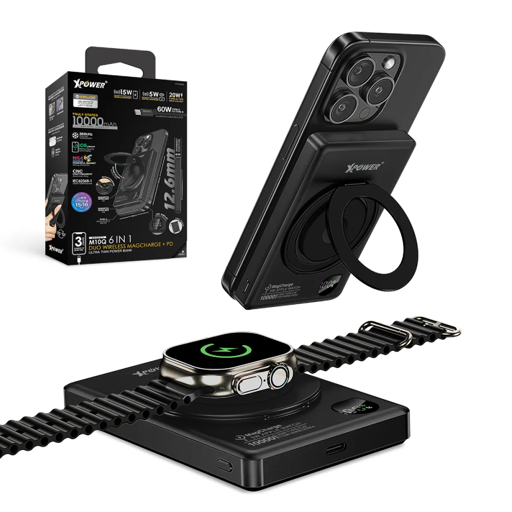 XPower M10Q 6合1 超薄鋁合金數顯 10000mAh 15W&5W 磁吸無線快充+20W PD移動電源(Black)