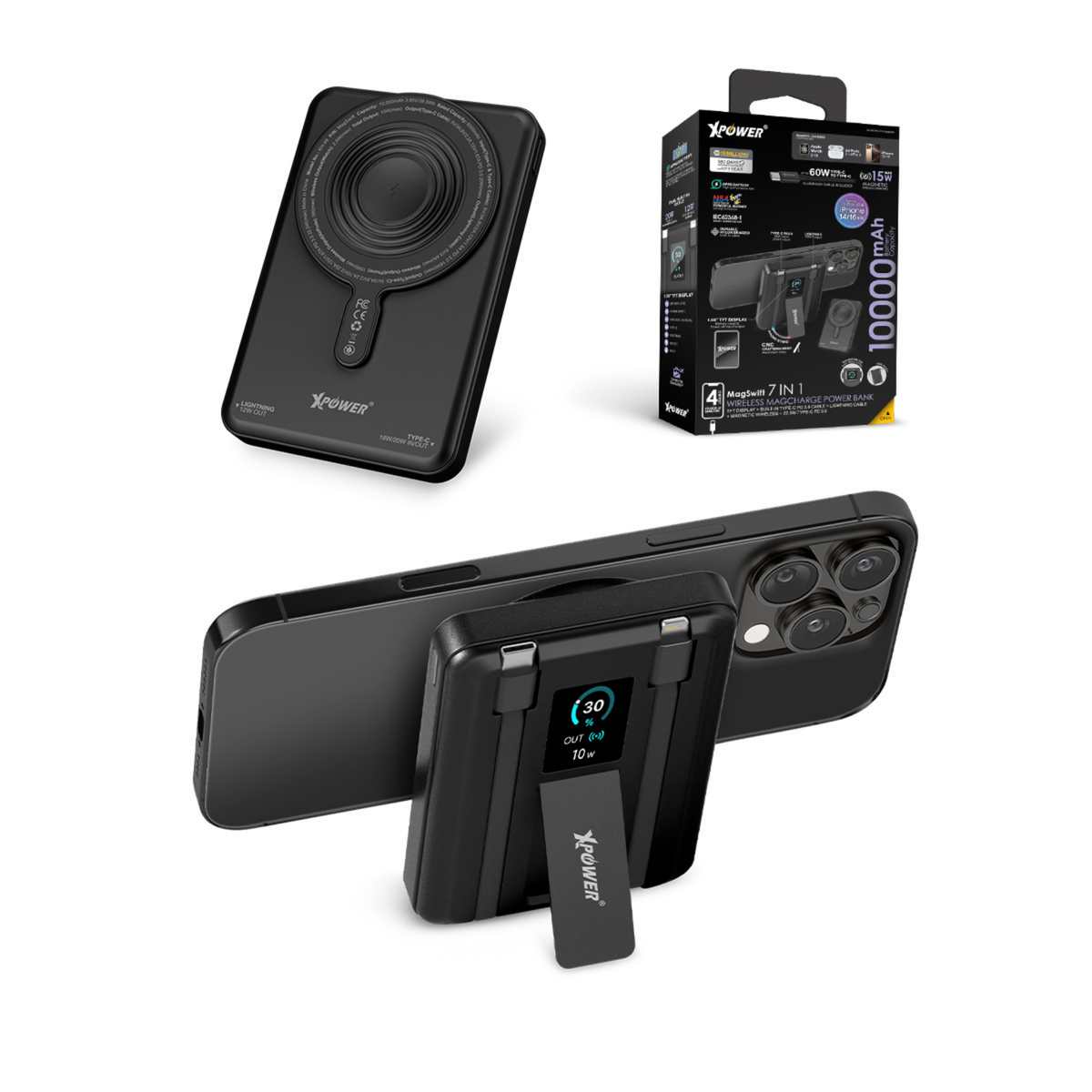 XPower MagSwift 7合1 多功能數顯10000mAh Type-C PD / Lightning 雙內置線+磁吸PD3.0無線移動電源(Black)