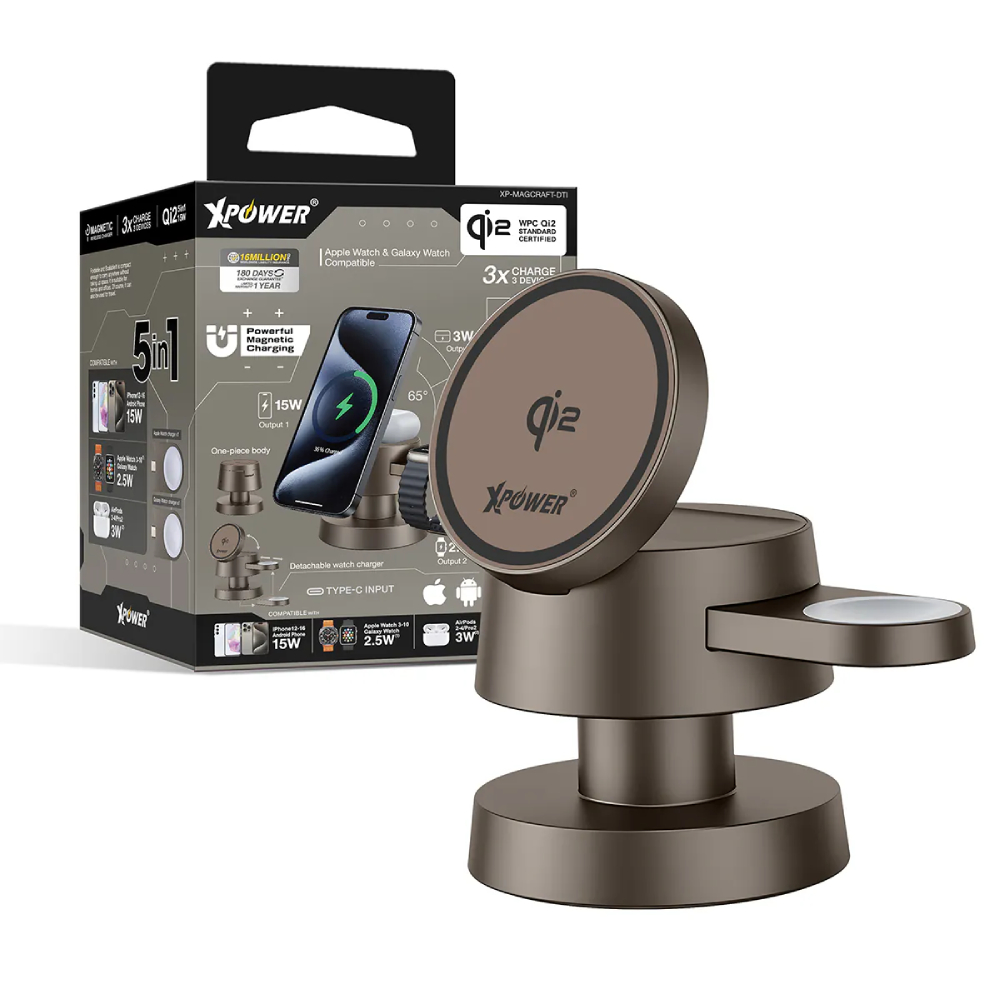 XPower MAGCRAFT 5合1 Qi2 15W MagCharge磁吸無線充電座(Desert Titanium)