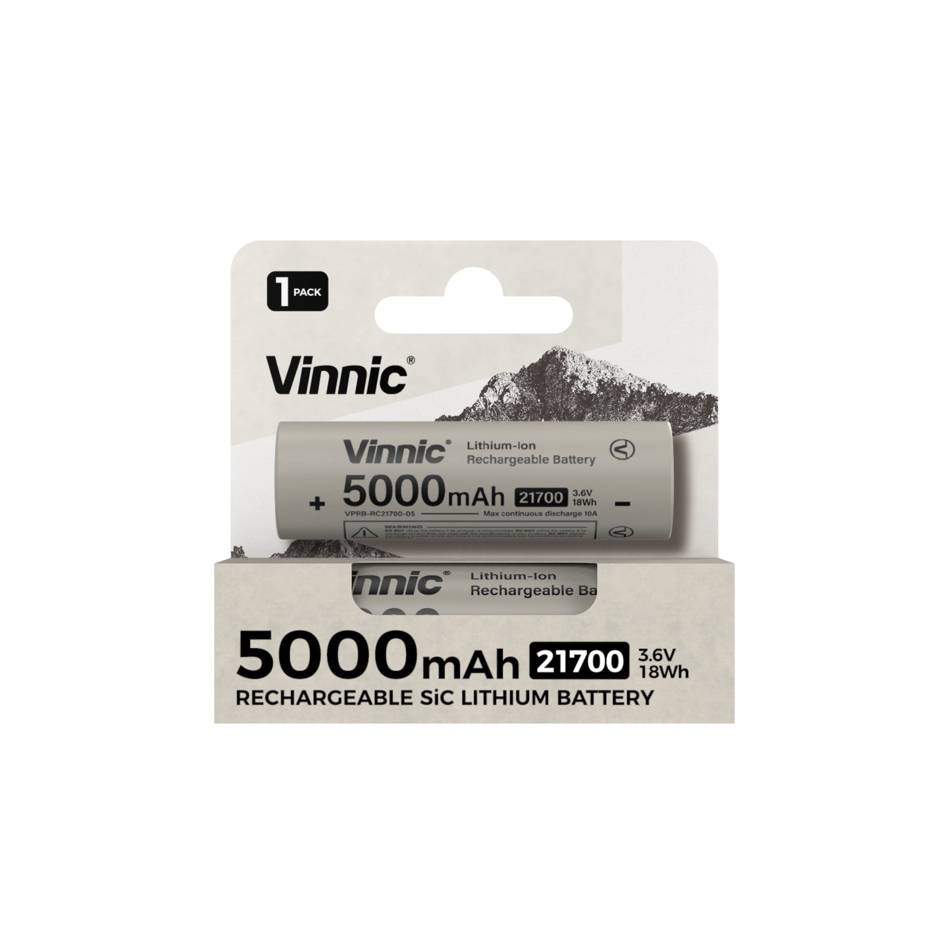 Vinnic 21700 5000mAh 矽碳充電式鋰離子電池 3.6v 18wh 單粒裝