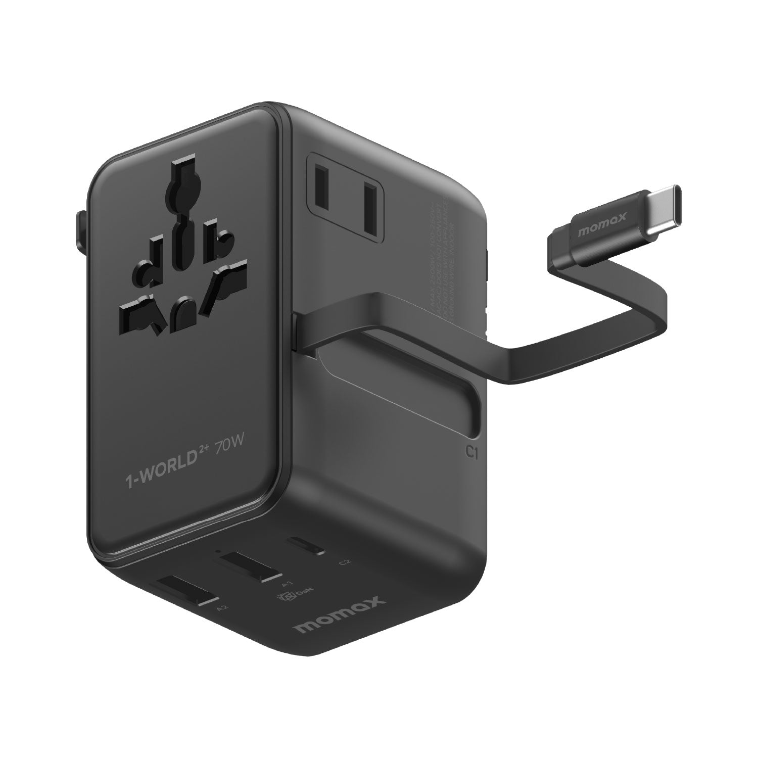 MOMAX 1-World2+ 70W 伸縮充電線三接口旅行充電插座(黑色)
