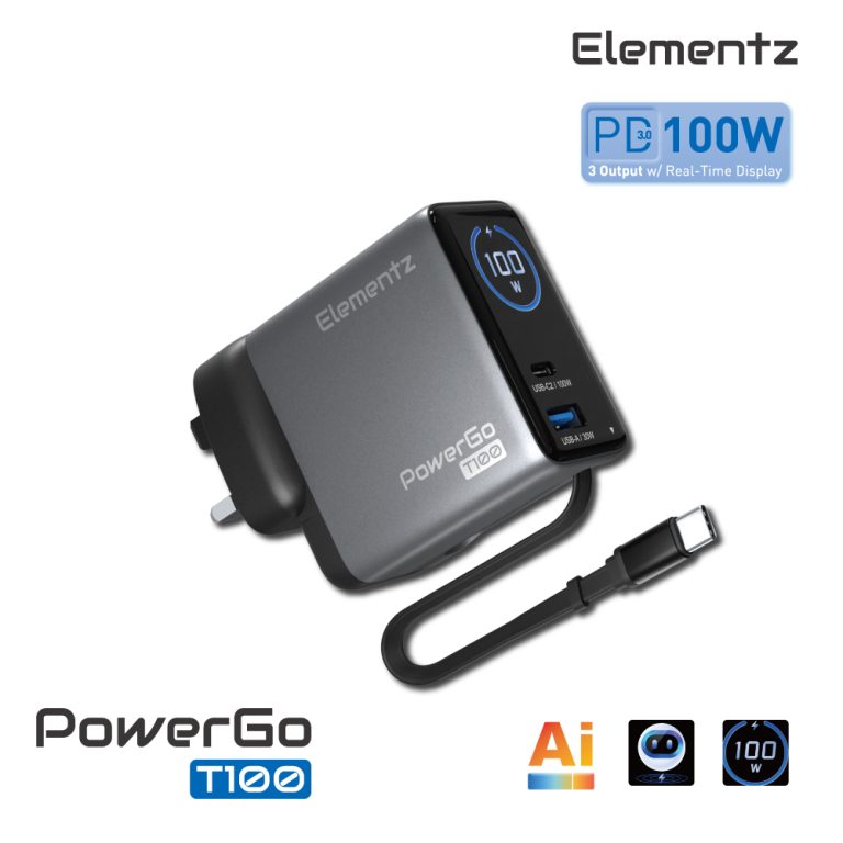 Elementz PowerGo T100 100W 2C + 1A (氮化鎵) AI智能控溫 帶線TFT迷你充電器
