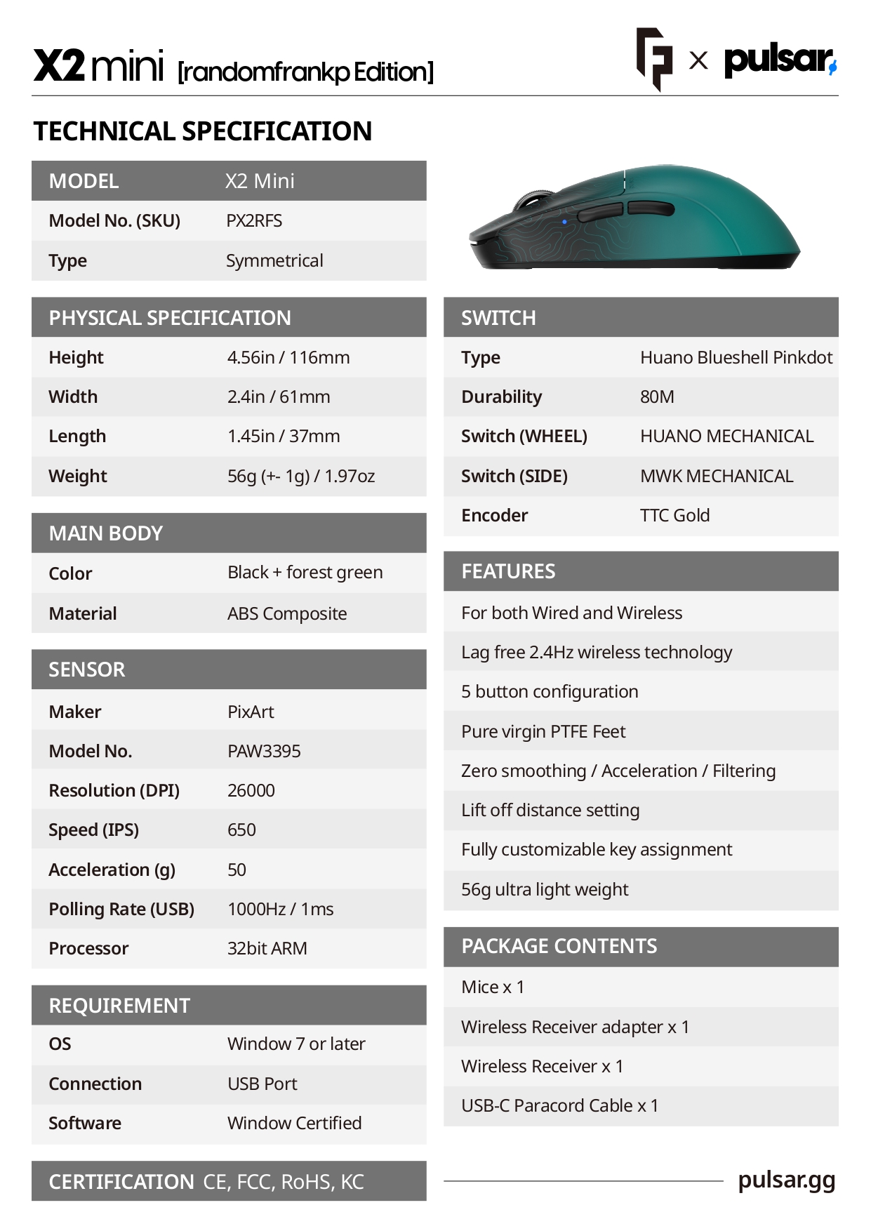 Pulsar X2 Mini Wireless 無線遊戲滑鼠(RandomFrankP Edition