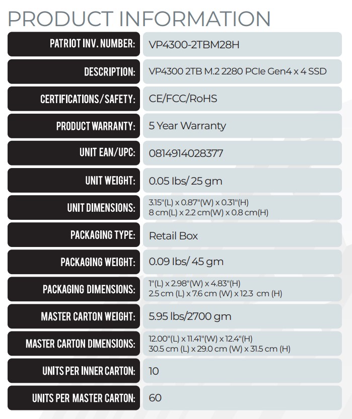 Patriot Viper Gaming Viper VP4300 PCIe M.2 Gen4 x4 SSD 固態硬碟