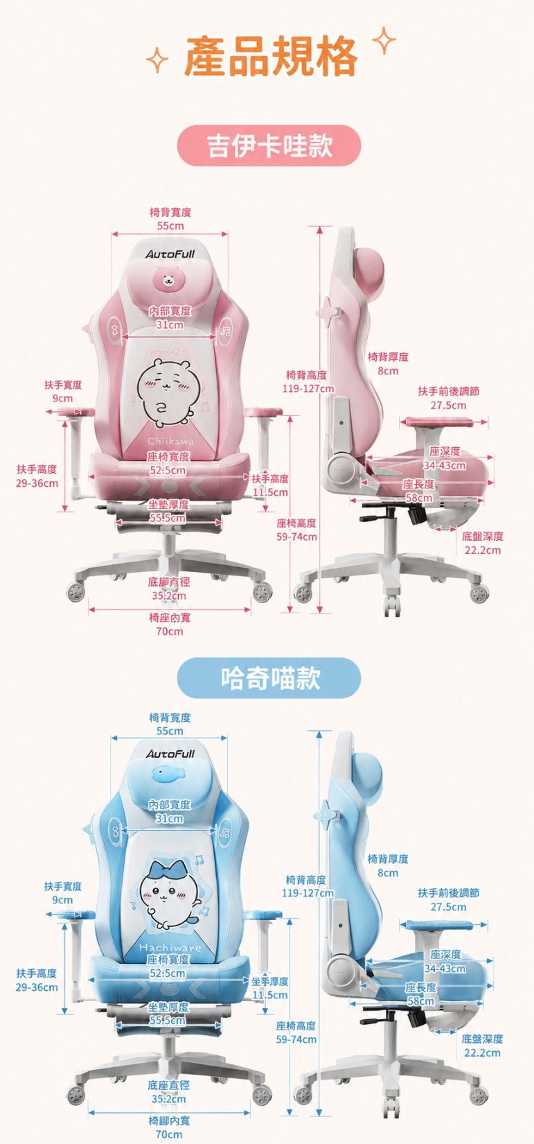 AutoFull C3 Pro Chiikawa 吉伊卡哇及Hachiware小八版本完整產品尺寸圖