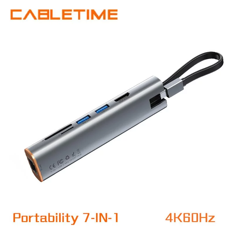Cabletime Portability 7-IN-1 USB-C to USB3.0×2+HDMI 4K60Hz +PD 100W +SD/TF 3.0 Adapter 轉接器
