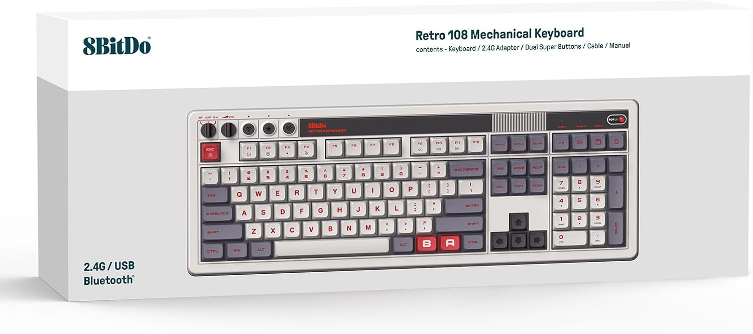 8BitDo 八位堂 復古機械式鍵盤108鍵 附帶1套八位堂編程超級按鍵(白軸-灰色)