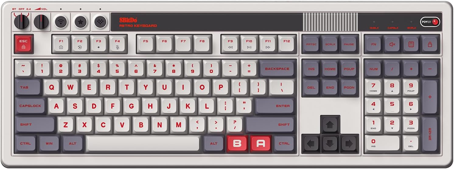 8BitDo 八位堂 復古機械式鍵盤108鍵 附帶1套八位堂編程超級按鍵(白軸-灰色)