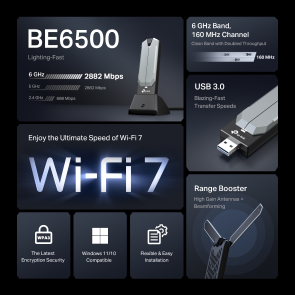 TP-Link Archer TBE400UH BE6500 Wi-Fi 7 三頻USB無線接收器