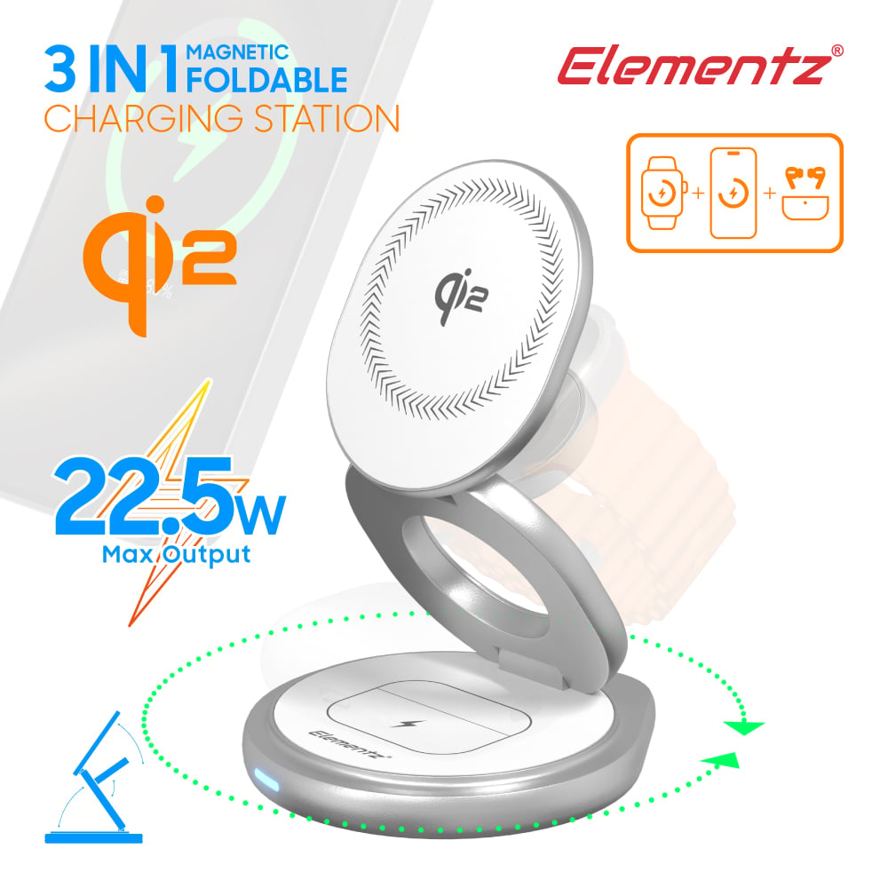 Elementz Qi2 3合1磁吸式無線充電座(FC-39Q)(銀色)