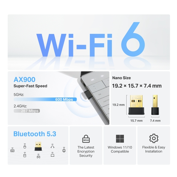 TP-Link Archer TX10UB Nano AX900 AX900 超迷你 Wi-Fi 6 藍牙 5.3 USB 接收器