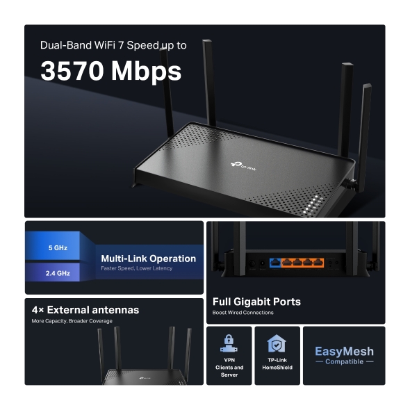 TP-Link Archer BE220 BE3600 Wi-Fi 7雙頻路由器