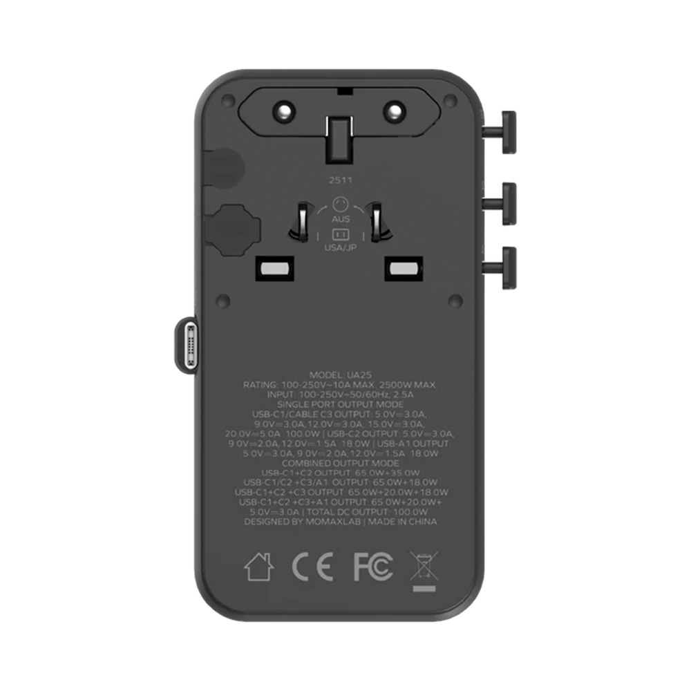 MOMAX 1-World2+ 100W 4接口 雙 AC 連USB-C 充電線旅行插座(UA25)(黑色)