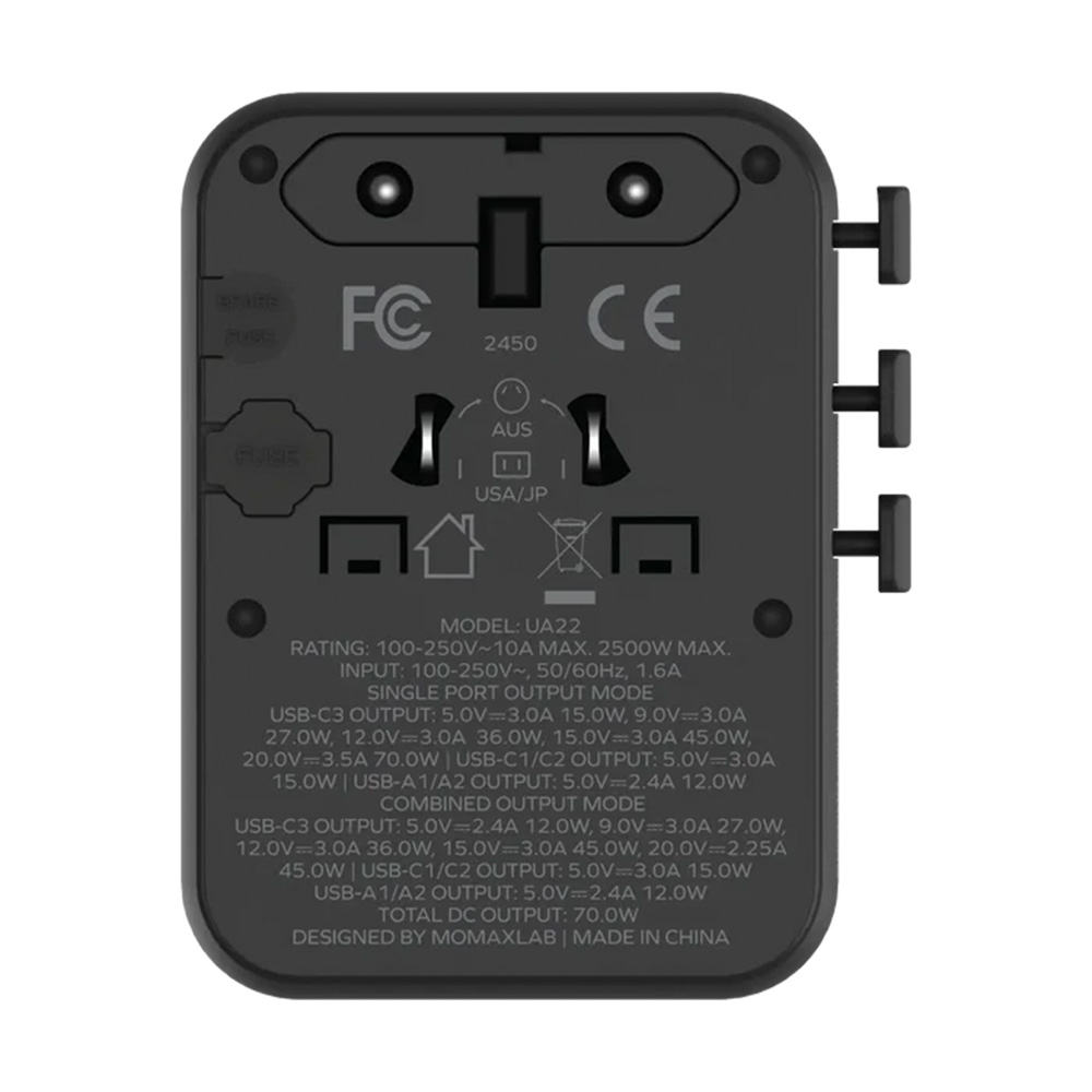 MOMAX 1-World2 70W 5-插口雙AC旅行充電插座(UA22)(黑色)