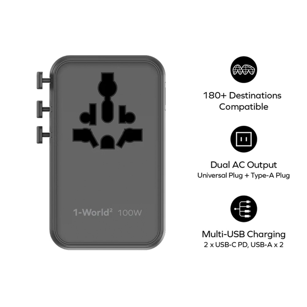 MOMAX 1-World2 100W 4-插口雙AC旅行充電插座(UA23)(鈦色)