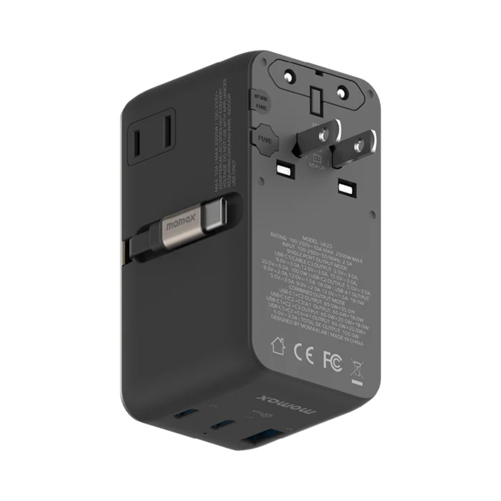MOMAX 1-World2+ 100W 4接口 雙 AC 連USB-C 充電線旅行插座(UA25)(鈦金色)