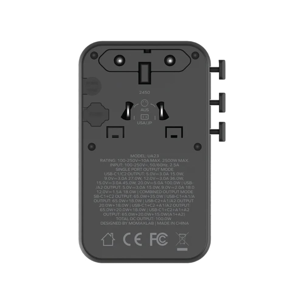 MOMAX 1-World2 100W 4-插口雙AC旅行充電插座(UA23)(黑色)