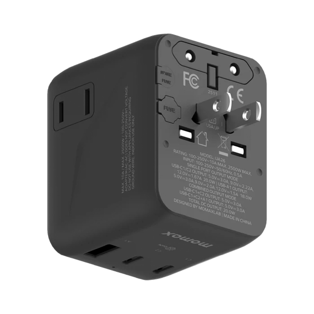 MOMAX 1-World2 20W 3接口雙AC旅行插座(UA26)(黑色)