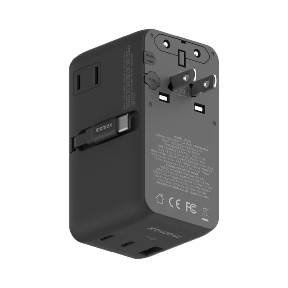 MOMAX 1-World2+ 100W 4接口 雙 AC 連USB-C 充電線旅行插座(UA25)(黑色)