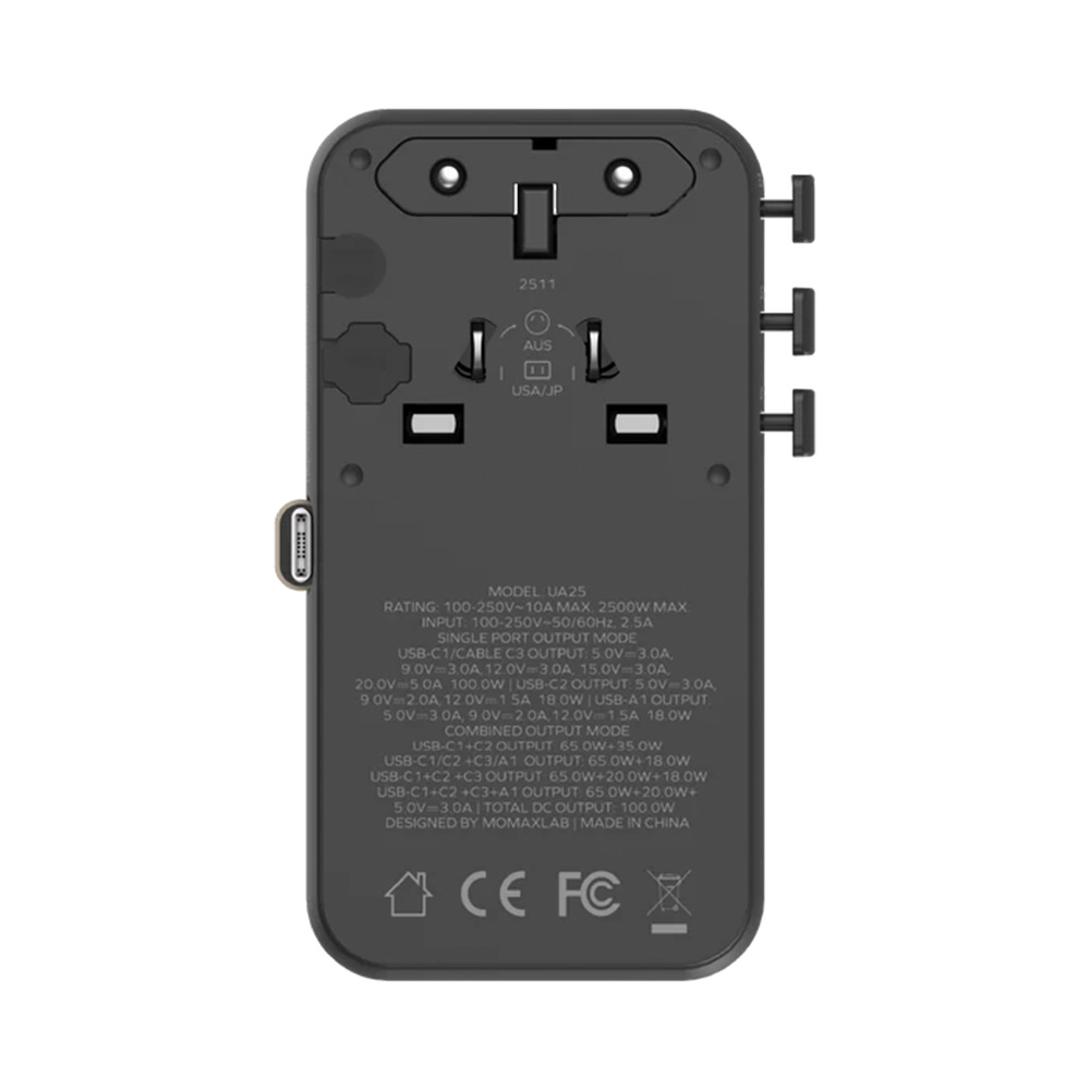 MOMAX 1-World2+ 100W 4接口 雙 AC 連USB-C 充電線旅行插座(UA25)(鈦金色)