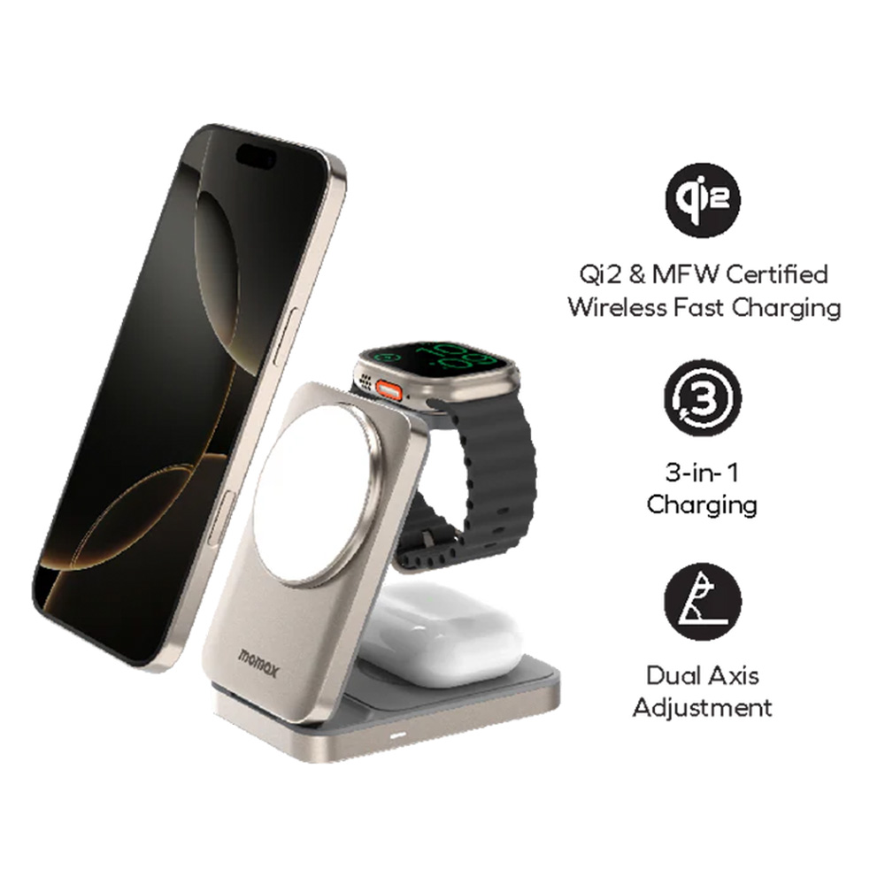 MOMAX 1-Charge Q.Port Qi2 三合一磁吸無線充電支架(UD36)(鈦金色)