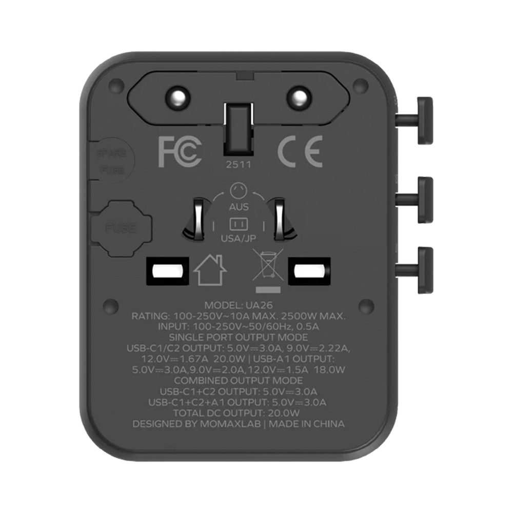 MOMAX 1-World2 20W 3接口雙AC旅行插座(UA26)(黑色)