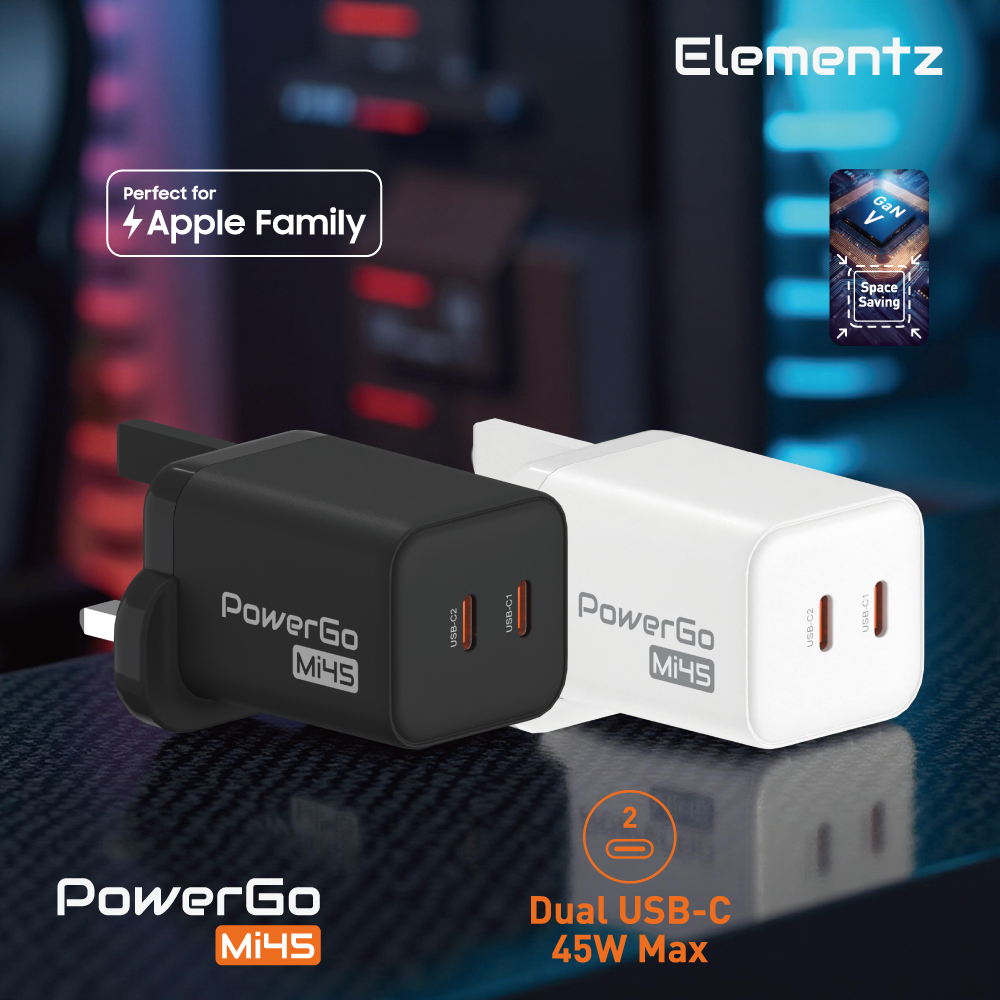 Elementz PowerGo Mi45 2C GaN 迷你充電器(黑色)
