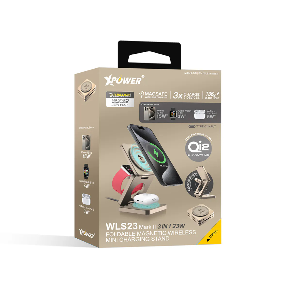XPower WLS23 MK II 3合1 Qi2 23W MagSafe磁吸無線充電座(Desert Titanium)