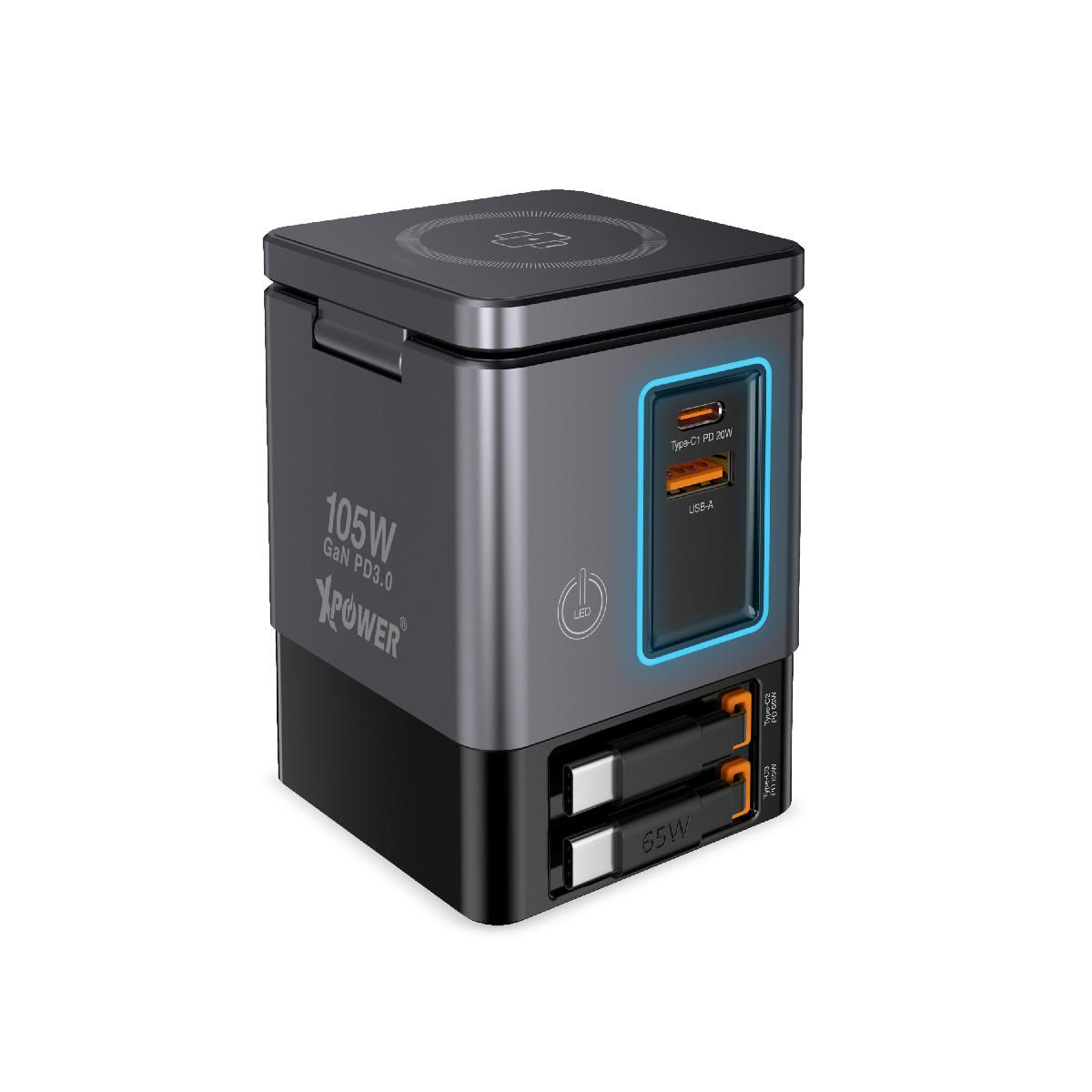 XPower RN105 Qi2 6輸出 105W GaN雙無線快充+雙內置伸縮線塔式充電器(Grey)