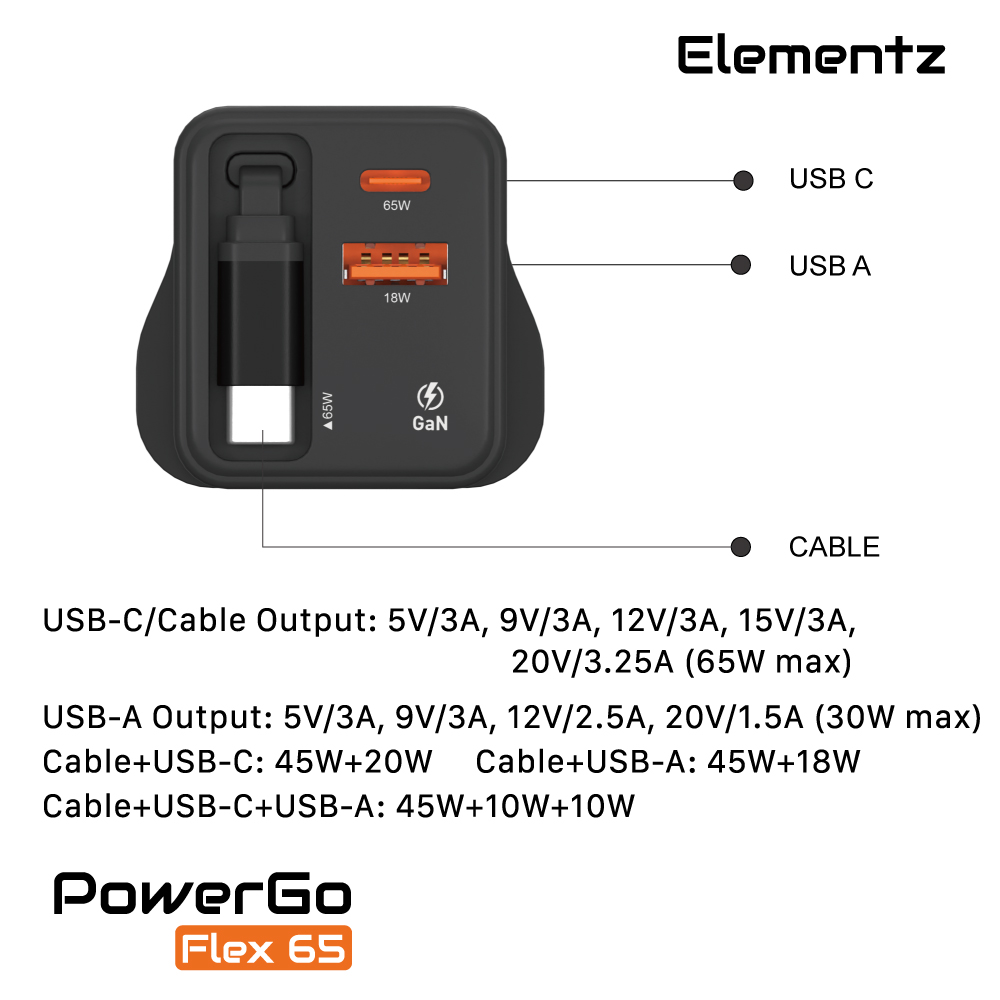 Elementz PowerGo Flex65 1C1A+1C Cable GaN 帶線迷你充電器(FA65)(白色)