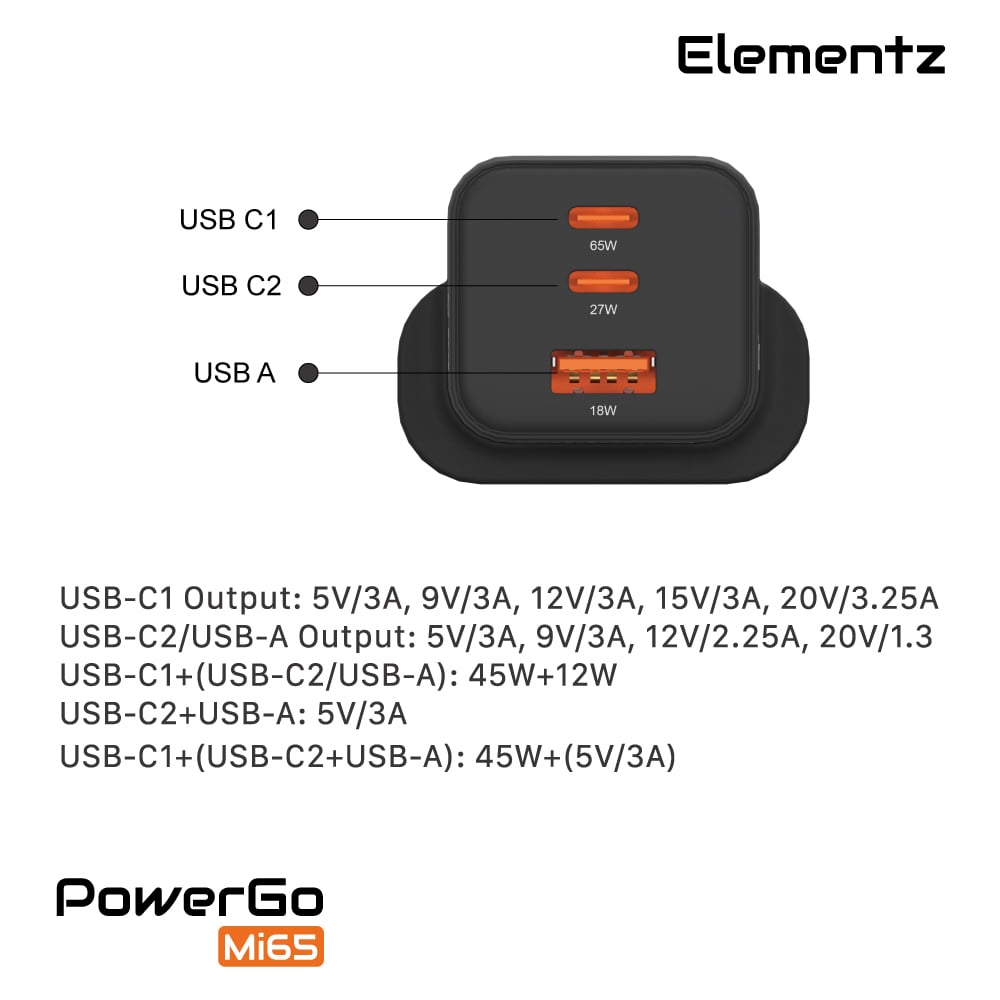 Elementz PowerGo Mi65 2C1A GaN 迷你充電器(白色)