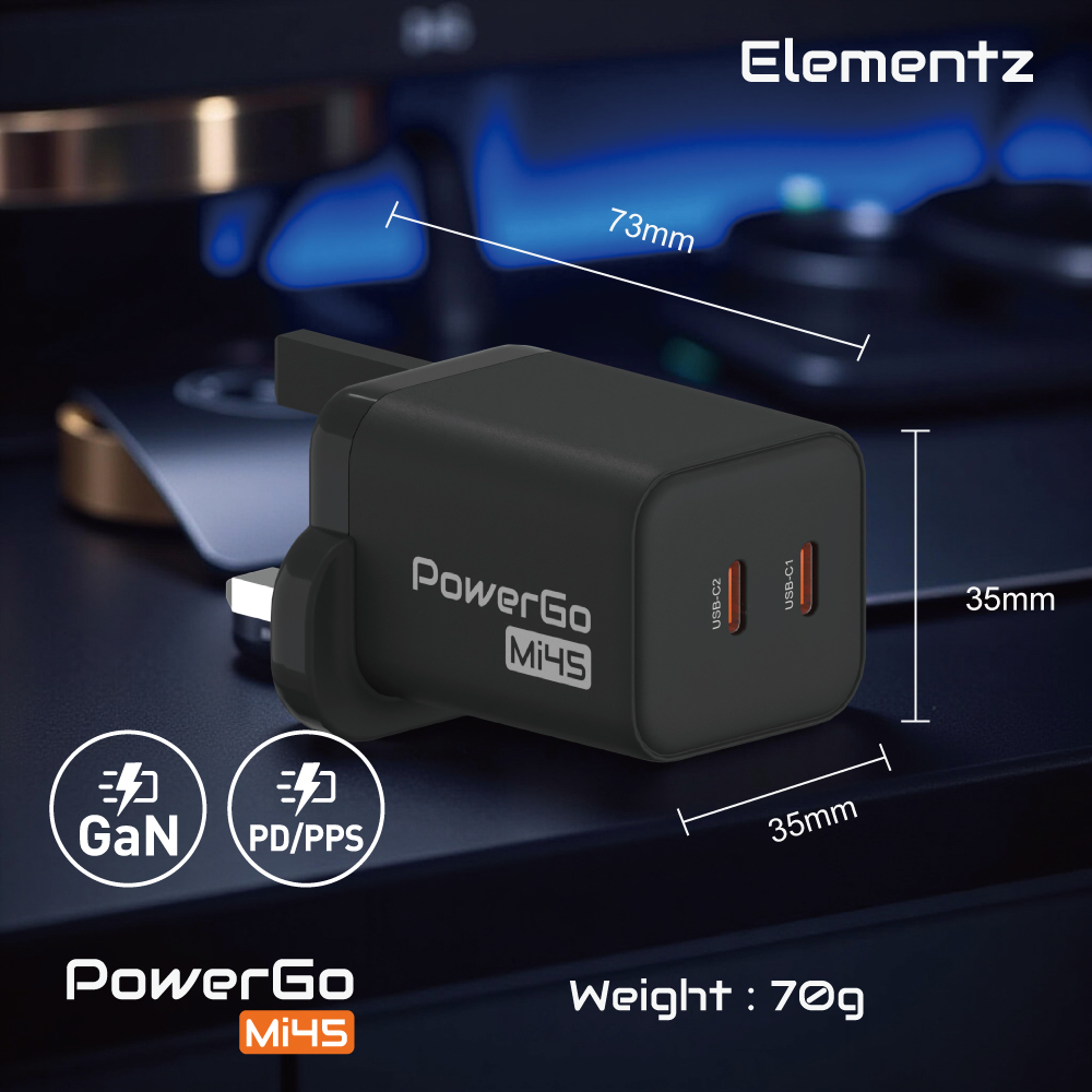 Elementz PowerGo Mi45 2C GaN 迷你充電器(黑色)