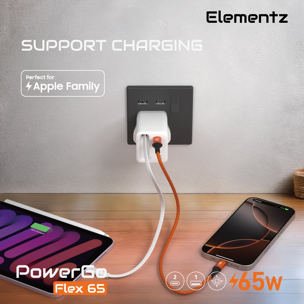 Elementz PowerGo Flex65 1C1A+1C Cable GaN 帶線迷你充電器(FA65)(黑色)