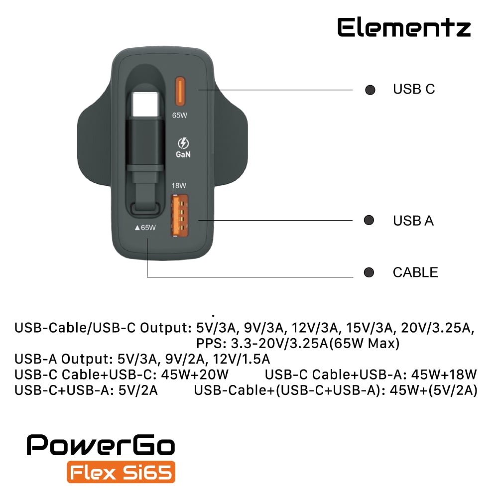Elementz PowerGo Flex Si65 1C1A+1C Cable GaN 帶線迷你充電器(FS65)(黑色)