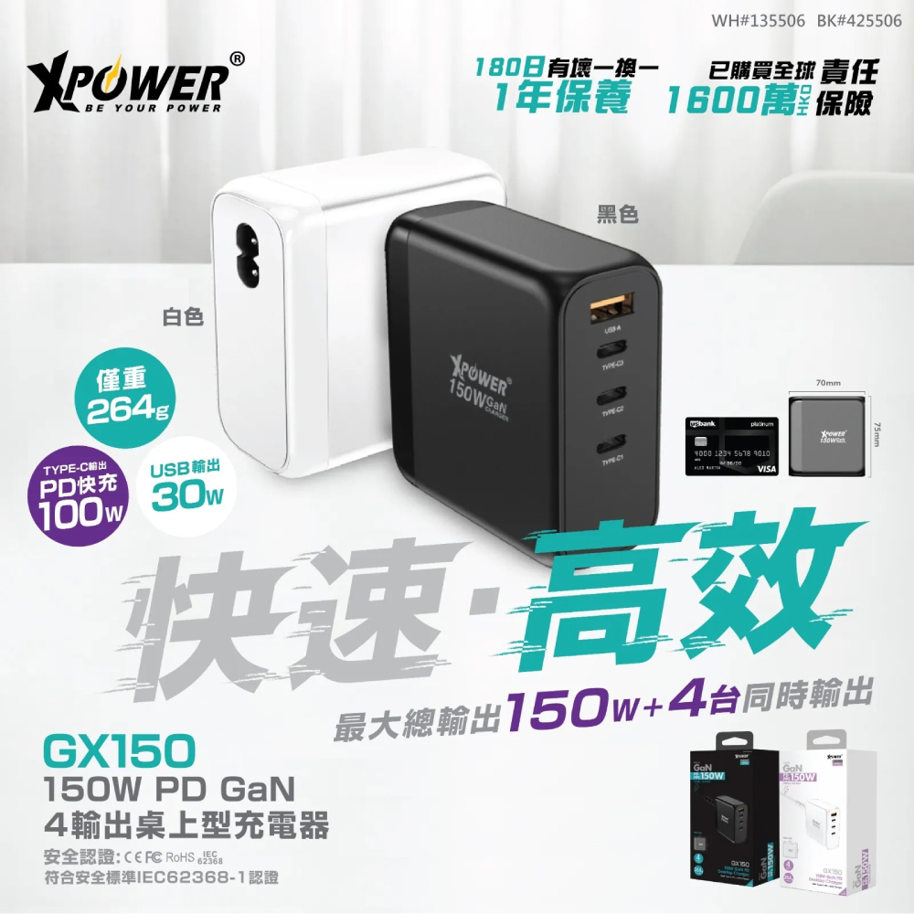 XPower GX150 150W PD 3.0/QC/SCP座檯充電器(White)