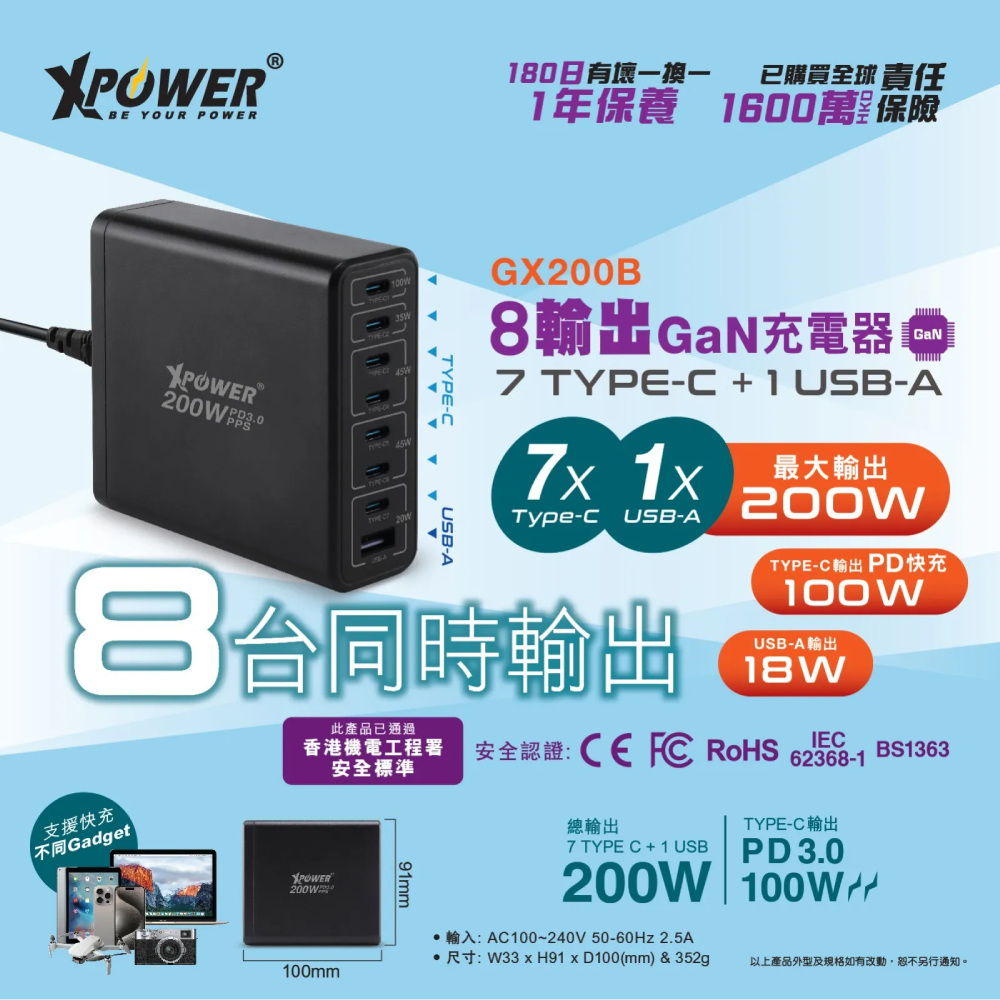 XPower GX200B 200W 8輸出PD3.0/PPS桌上型GaN充電器(Black)