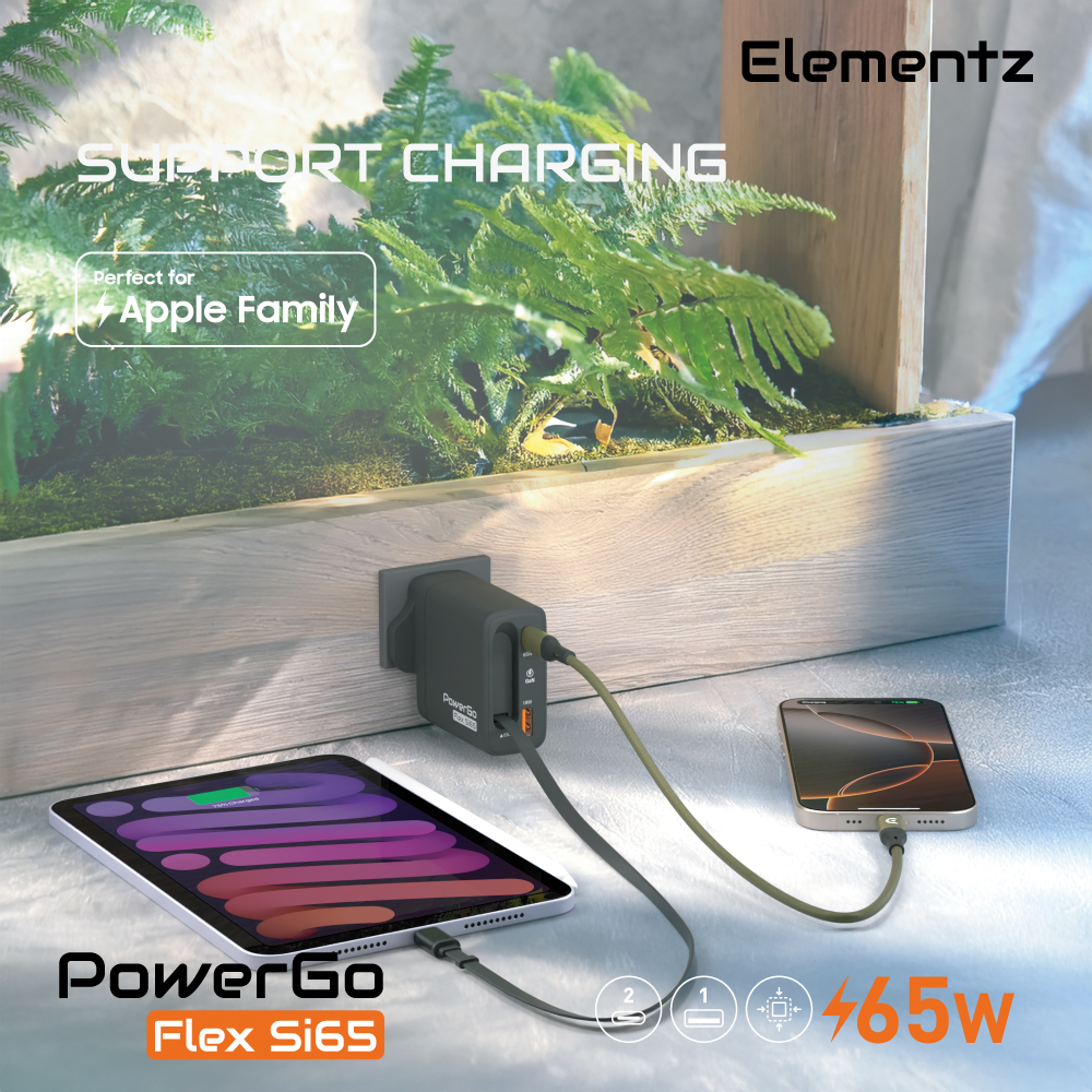 Elementz PowerGo Flex Si65 1C1A+1C Cable GaN 帶線迷你充電器(FS65)(黑色)