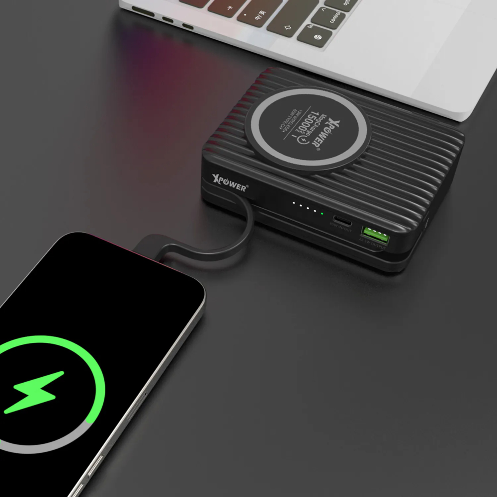 XPower CPD15 3合1 15000mAh PD 65W MagSafe無線充+外置電+旅行充電轉插(Black)