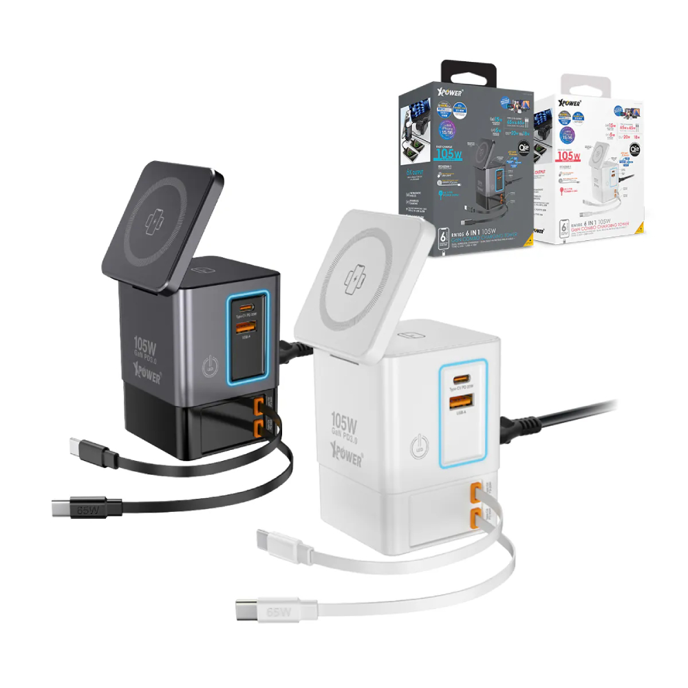 XPower RN105 Qi2 6輸出 105W GaN雙無線快充+雙內置伸縮線塔式充電器(Grey)