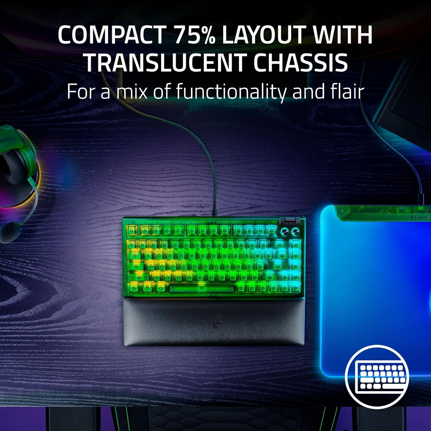 Razer BlackWidow V4 75% Hot-Swappable Phantom Green Edition 可換軸 機械式電競鍵盤(觸感橙軸-Phantom Green Edition-英文版)