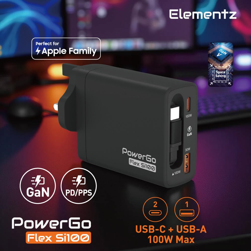 Elementz PowerGo Flex Si100 1C1A+1C Cable GaN 帶線迷你充電器(FS100)(黑色)