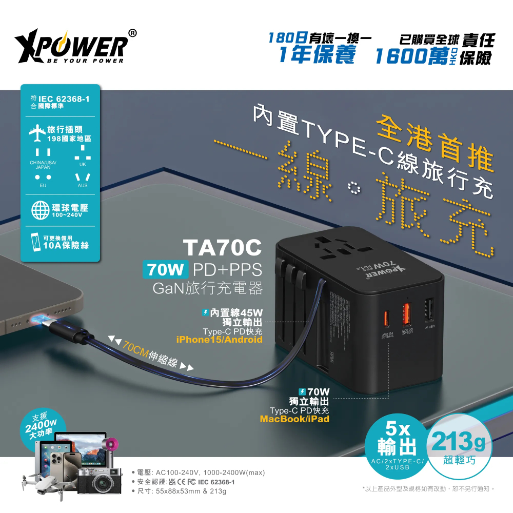 XPower TA70C 內置線 70W PD+PPS GaN旅行充電器(Black)