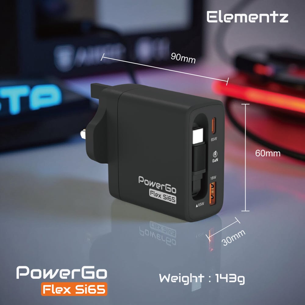 Elementz PowerGo Flex Si65 1C1A+1C Cable GaN 帶線迷你充電器(FS65)(黑色)