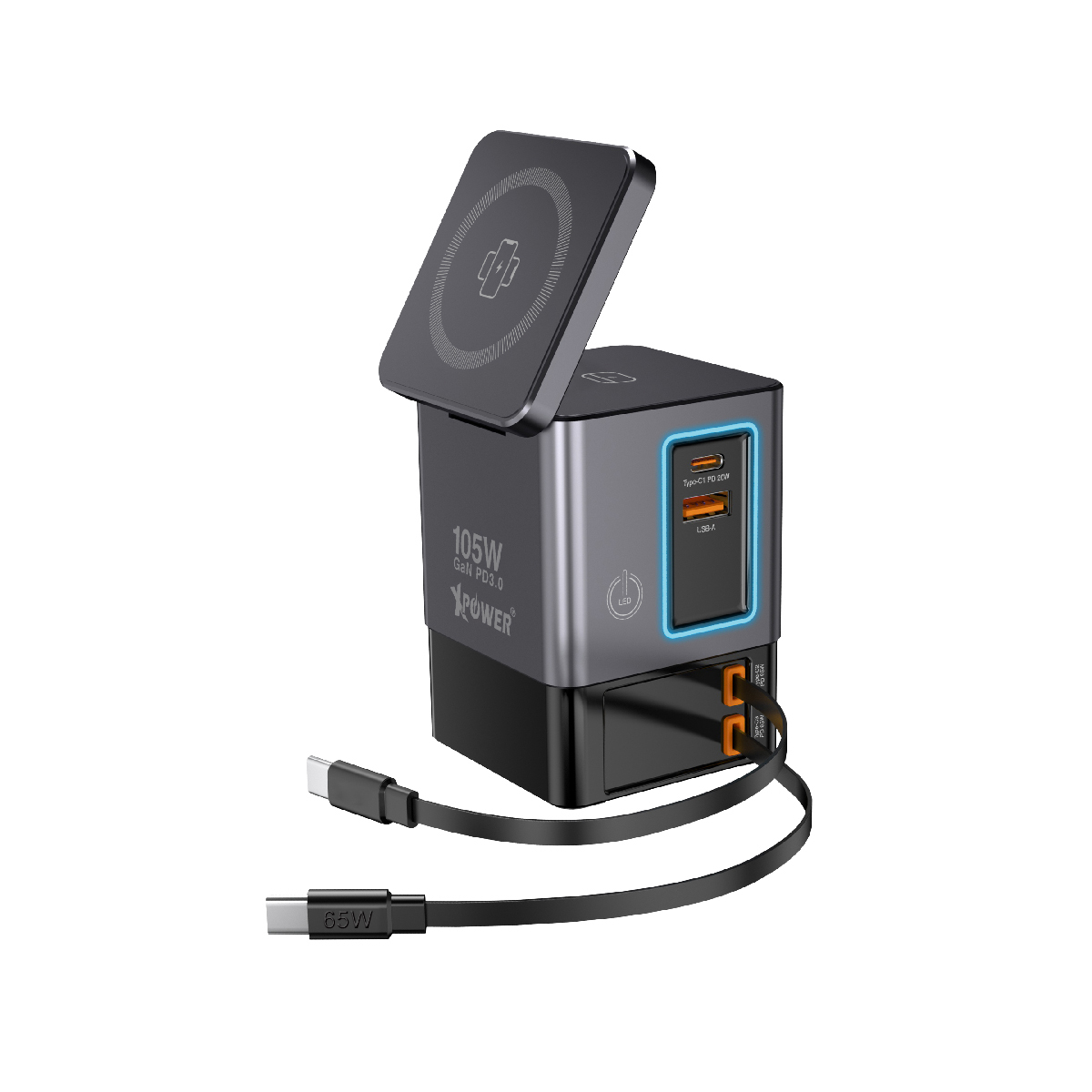 XPower RN105 Qi2 6輸出 105W GaN雙無線快充+雙內置伸縮線塔式充電器(Grey)