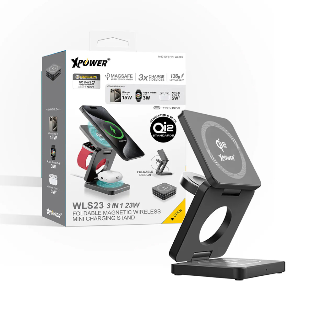 XPower WLS23 3合1 Qi2 23W MagSafe磁吸無線充電座(Grey)