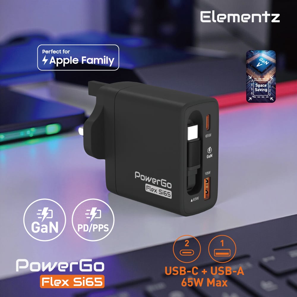 Elementz PowerGo Flex Si65 1C1A+1C Cable GaN 帶線迷你充電器(FS65)(黑色)