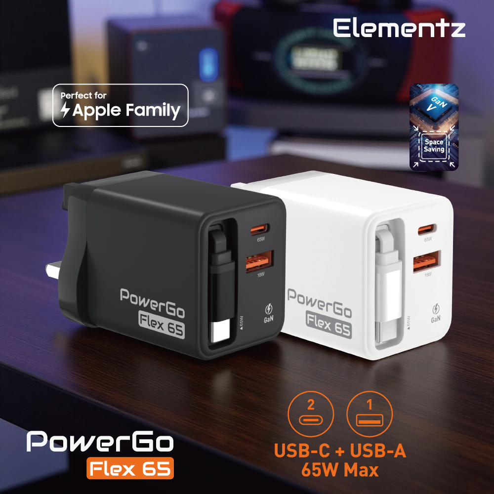 Elementz PowerGo Flex65 1C1A+1C Cable GaN 帶線迷你充電器(FA65)(黑色)